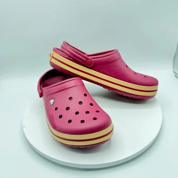 Crocs Unisex Crocband Clog Shoes, Raspberry/Dark Pink Cream Stripe M 10 W 12 - Picture 1 of 8